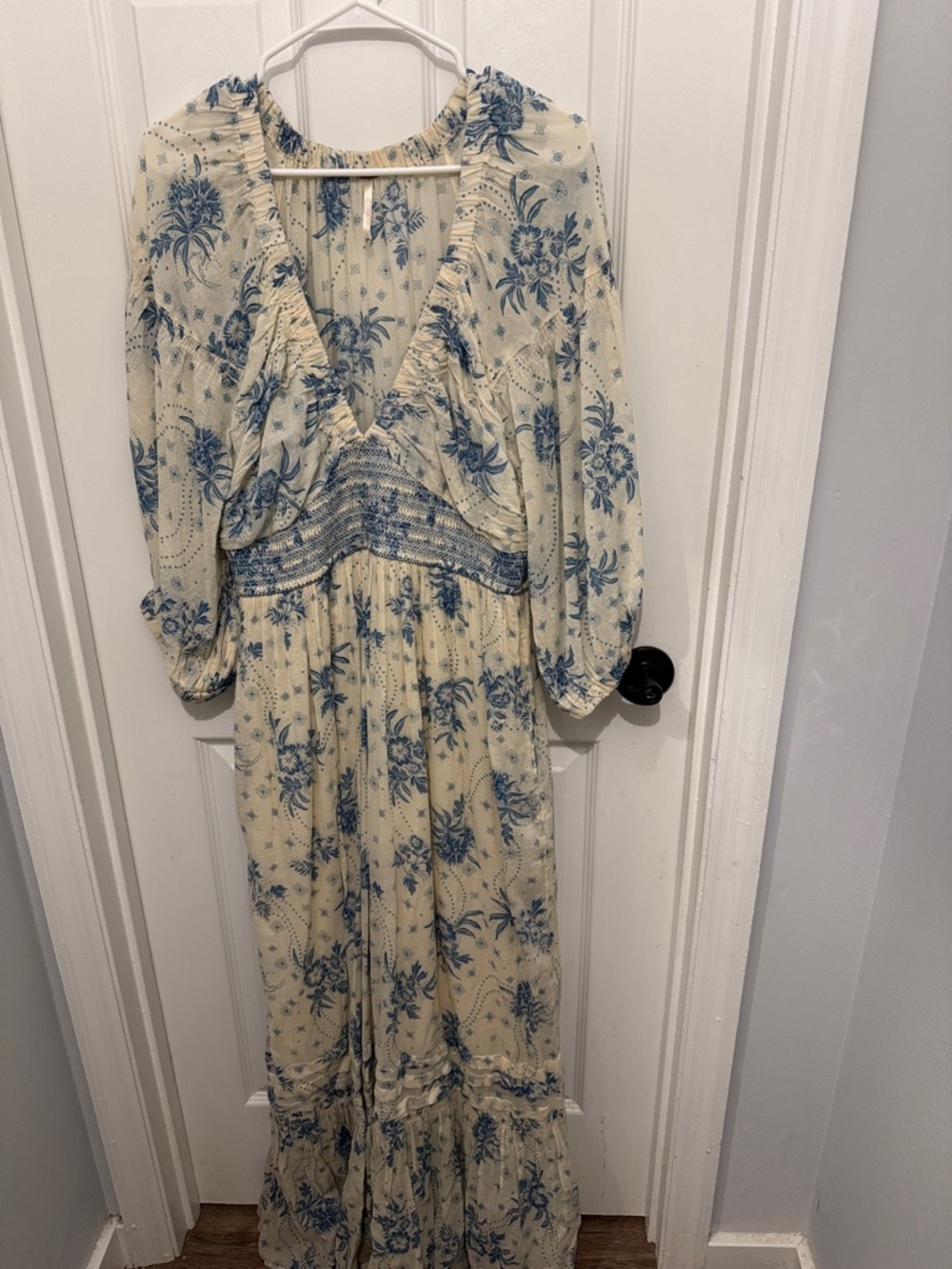 Cream and Blue Floral Maxi Dress - Boho V-Neck